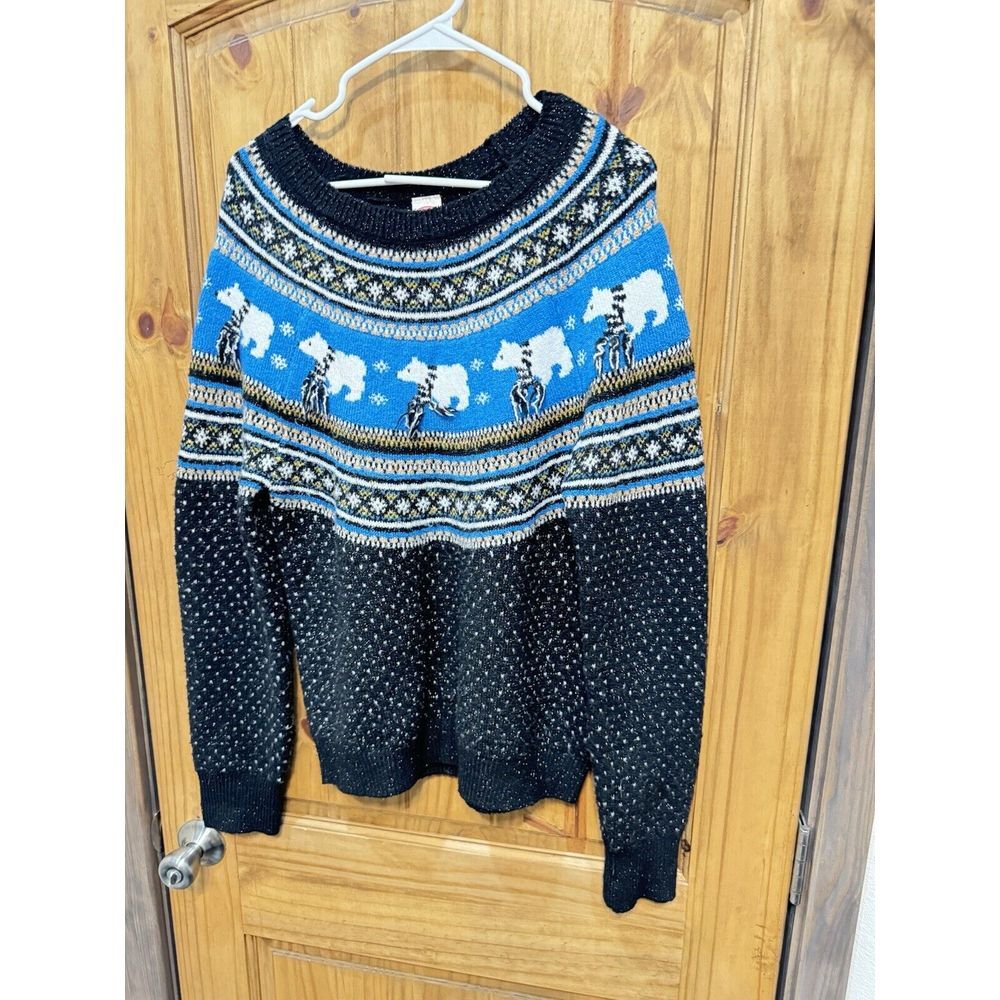 Christmas Holiday Time Winter Polar Bear‎ Knit Women's Black Sweater Size M